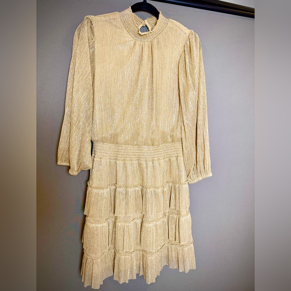 Shimmery Gold Long-Sleeve Tiered Evening Dress